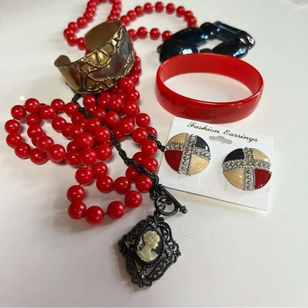 Six Piece Vintage Mixed Era Necklace, Earrings and Bracelet Costume Jewelry Lot